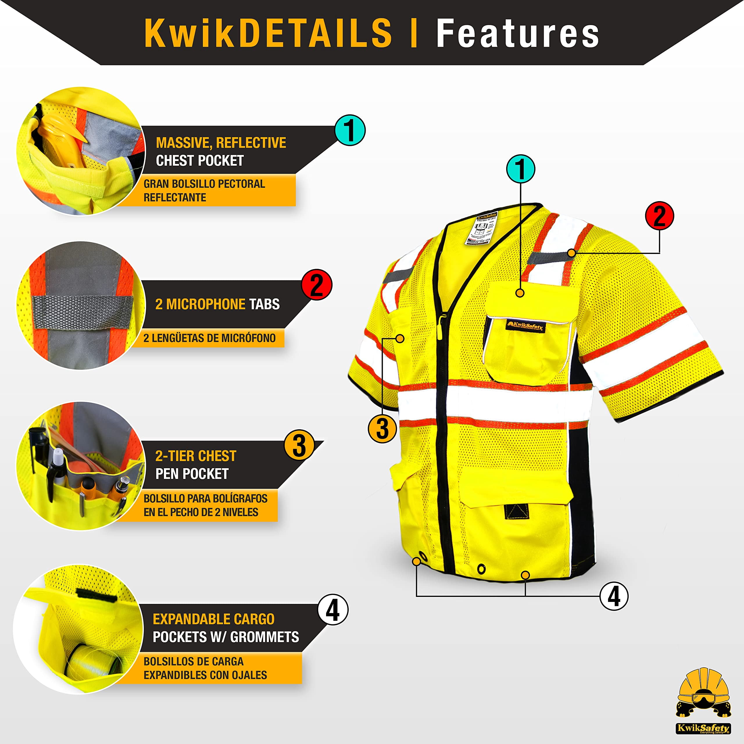 KwikSafety (Charlotte, NC) EXECUTIVE Safety Vest (10 Pockets) Class 3 ANSI OSHA High Visibility Reflective Heavy Duty Mesh Zipper HiVis Construction Work Site HiViz Men Women | Yellow Large