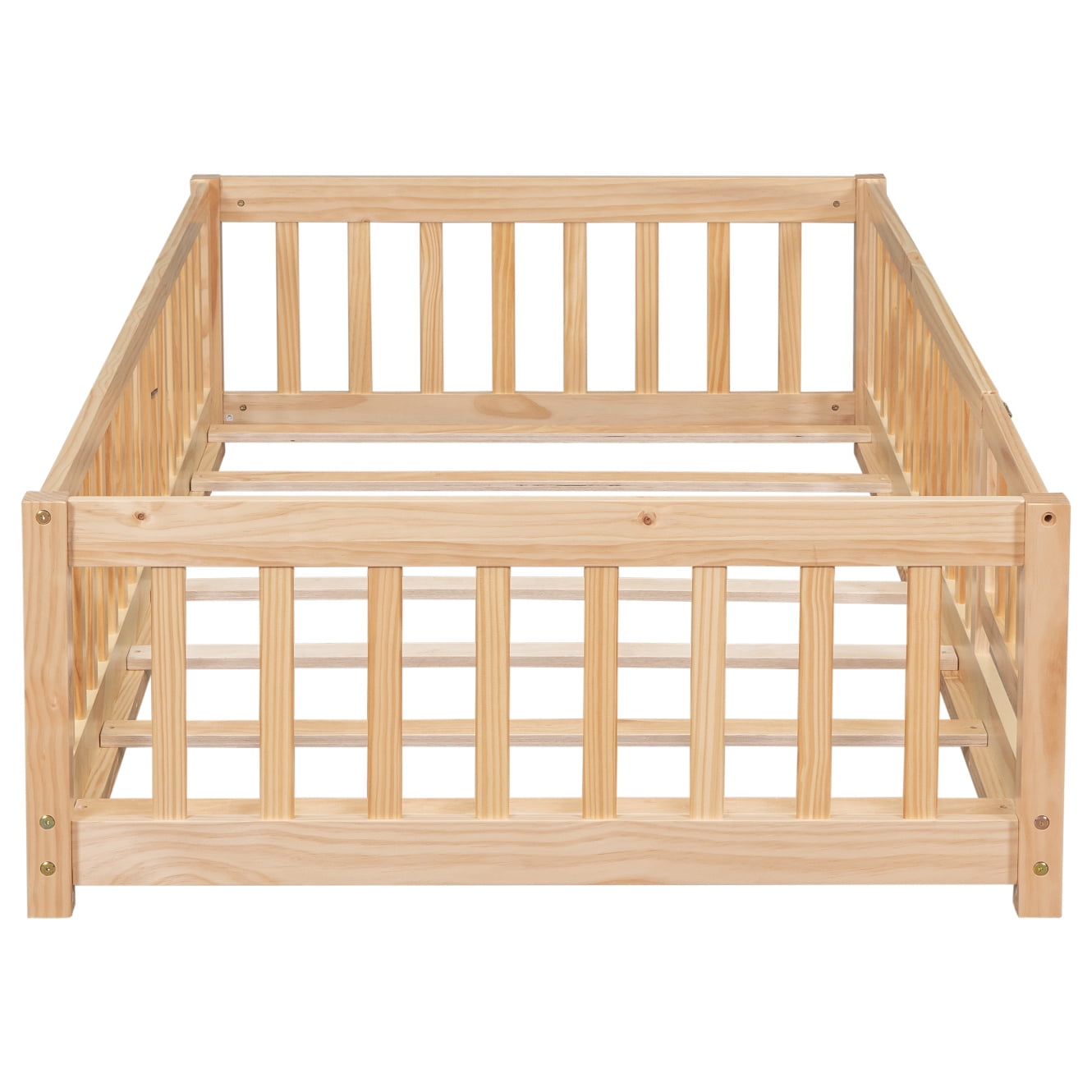 Twin Size Floor Bed Frame with Fence, Door and Slats, No Box Spring Needed, Natural