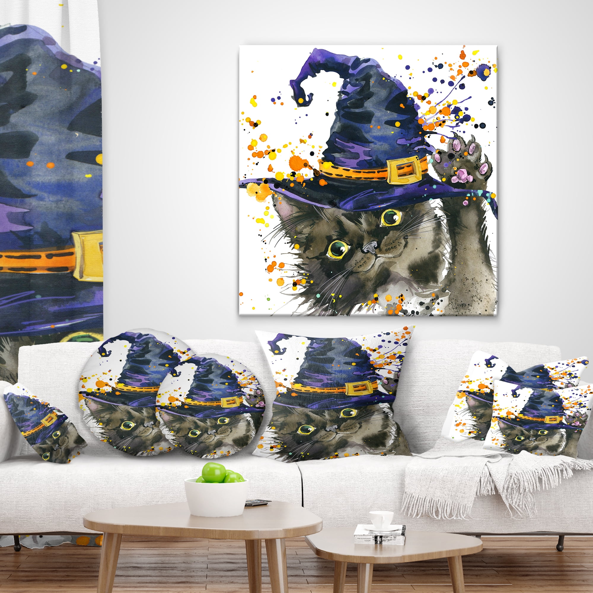 Designart Halloween Cat and Witch Hat - Contemporary Animal Throw Pillow - 18x18