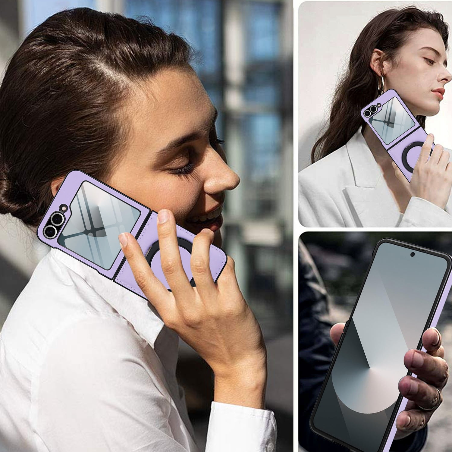Compatible with Samsung Galaxy Z Flip 7 Phone Case,Built-in Screen Protector,360° Rotatable Ring Kickstand,Compatible with Mag-Safe,Anti-Scratch Leather Shockproof Rugged Phone Case,Lightpurple