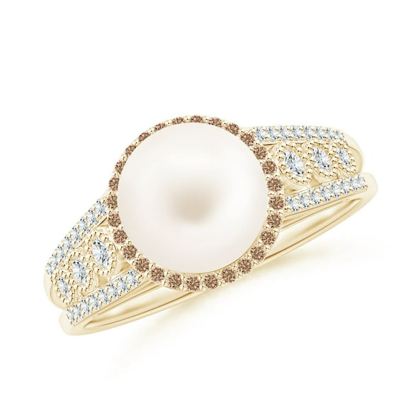 ANGARA Freshwater Cultured Pearl and Coffee Diamond Halo Ring in 14K Yellow Gold for Women | June Birthstone, Birthday, Anniversary, Jewelry Gift for Women | Pearl Ring