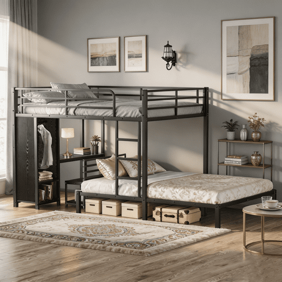 Eyisean Queen over Queen Size Bunk Bed, Metal Bed Frame with Wardrobe & Desk, Storage Chairs, Safety Guardrails, Space-Saving & Heavy Duty Design Gaming Loft Beds for Bedroom, Apartment