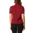 thumbnail image 3 of Unique Bargains Women's Bow Tie Neck V Neck Stand Collar Short Mesh Sleeve Blouse L Burgundy, 3 of 6