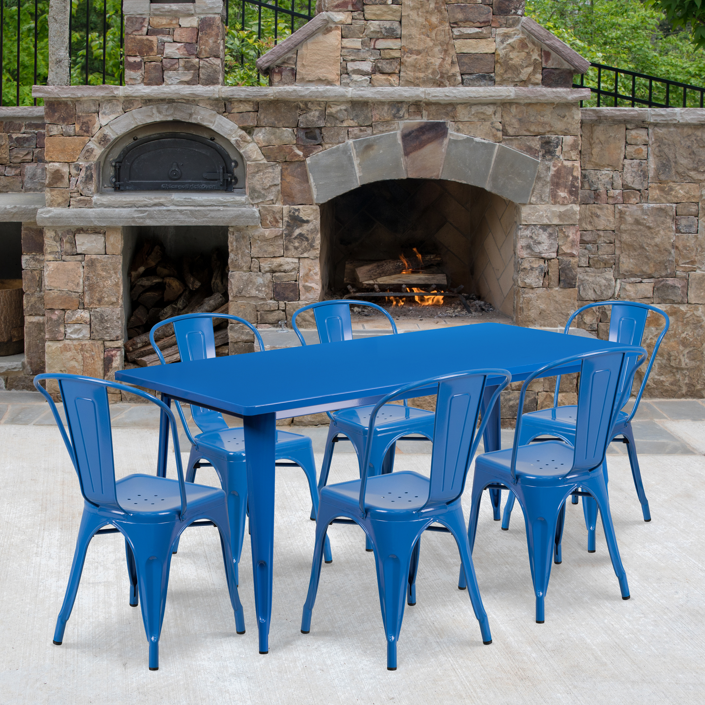 Flash Furniture Gilbert Commercial Grade 31.5" x 63" Rectangular Blue Metal Indoor-Outdoor Table Set with 6 Stack Chairs - image 2 of 5