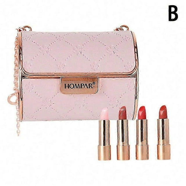 Lipstick pink bag four pieces (B) $Luxury pet leather bag lipstick set gift box non-stick cup non-fading lip balm gift