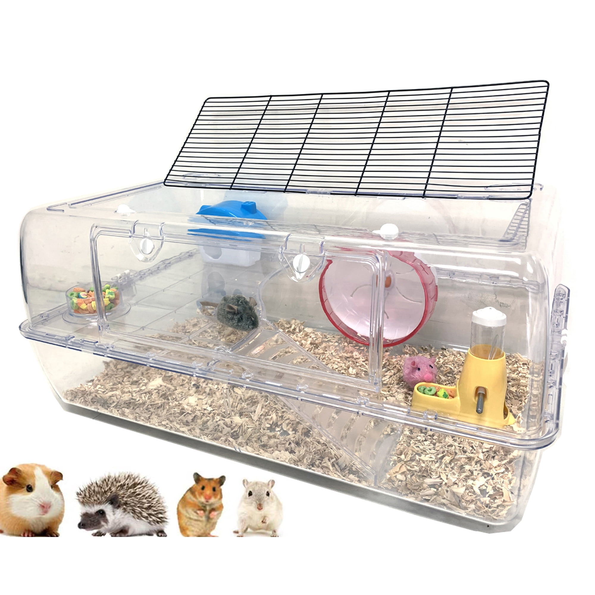 X-LARGE 2-Floor Deluxe Acrylic Clear Hamster Palace Mice House Hedgehog Guinea Pig Habitat Top Air Ventilation Large Running Wheel Water Bottle Tower Food Bowl Hide House Deep Base Expandable Outlet