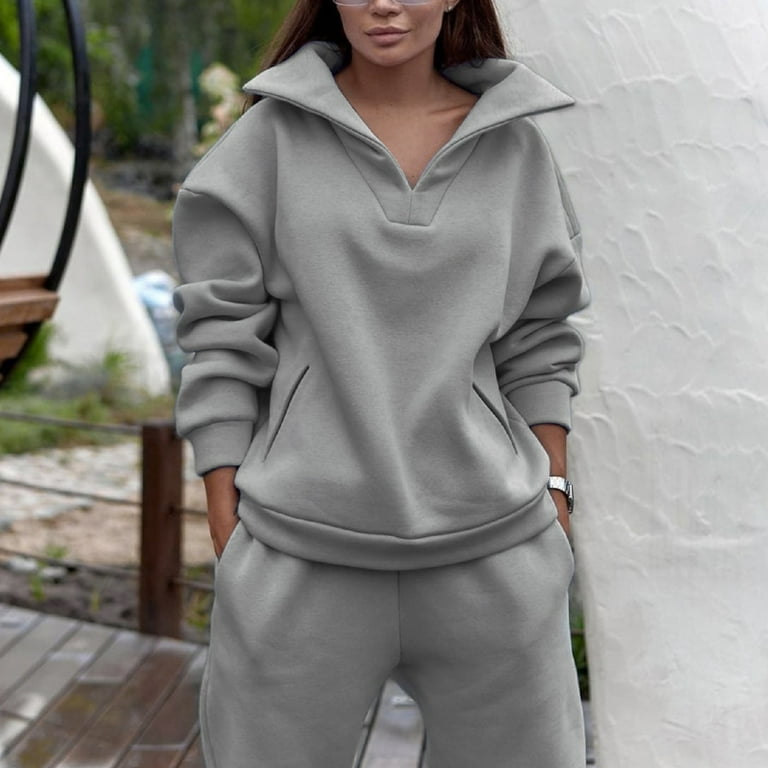RQYYD Women's Two Piece Outfits Tracksuits Solid Color Long Sleeve V Neck  Top Jogger Pants Set Hoodie 2 Piece Jogging Suits with Pockets Gray XL 