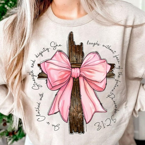 She Is Clothed with Strength Sweatshirt, Light Pink Bow Crewneck, Bible Verse Pullover, Christian Coquette Top, Preppy Faith Sweatshirt