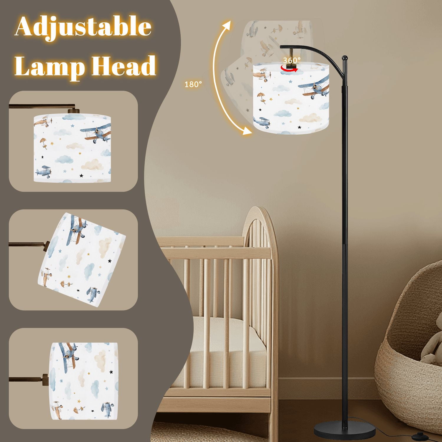 Arc Floor Lamp Cute kids watercolor for boy airplanes clouds Tall Modern Standing Lamp LED Adjustable Linen Lampshade 3 Color Temperatures