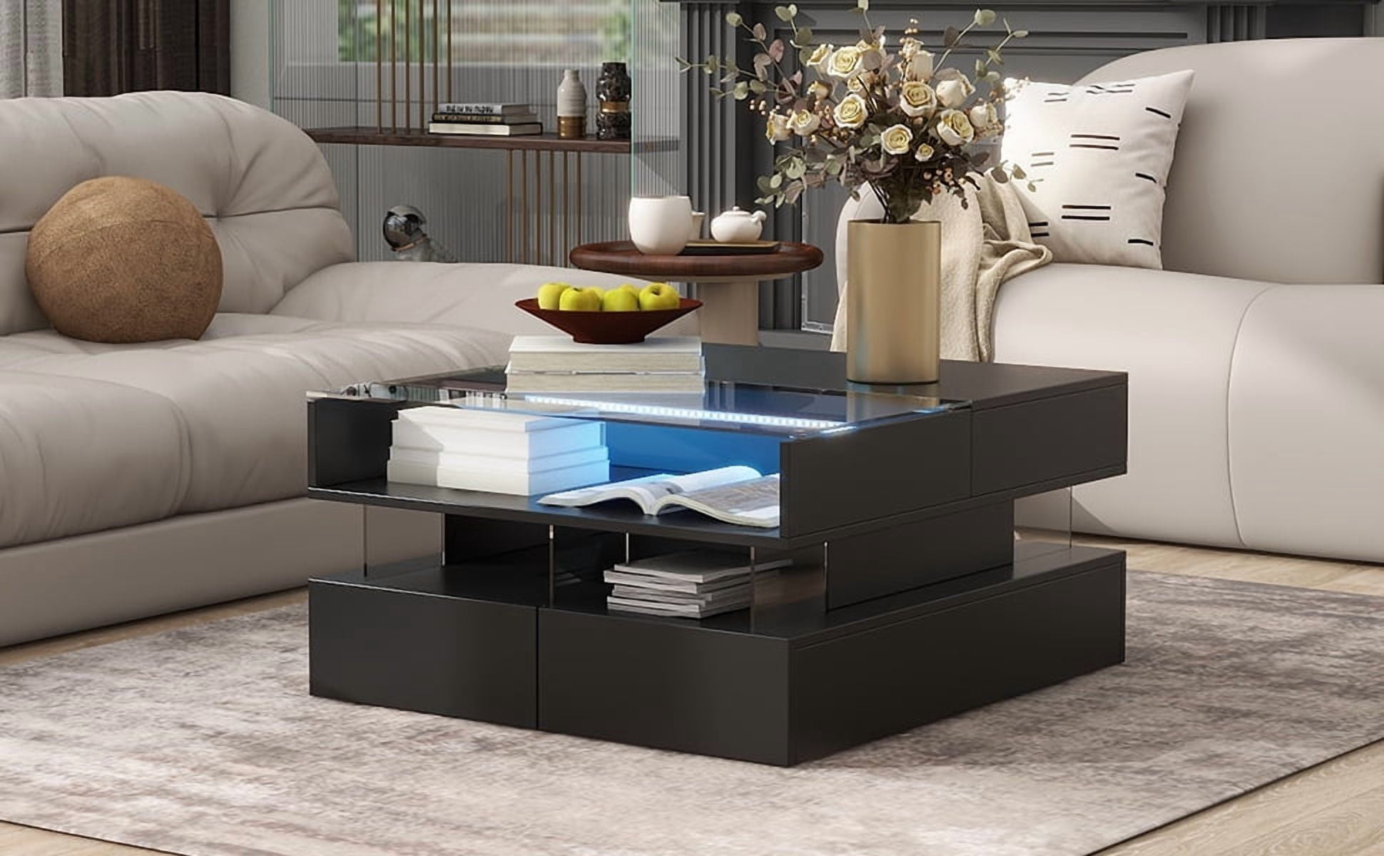 Euroco Modern Lift-Top Glass Coffee Table with LED Lights and Hidden Storage