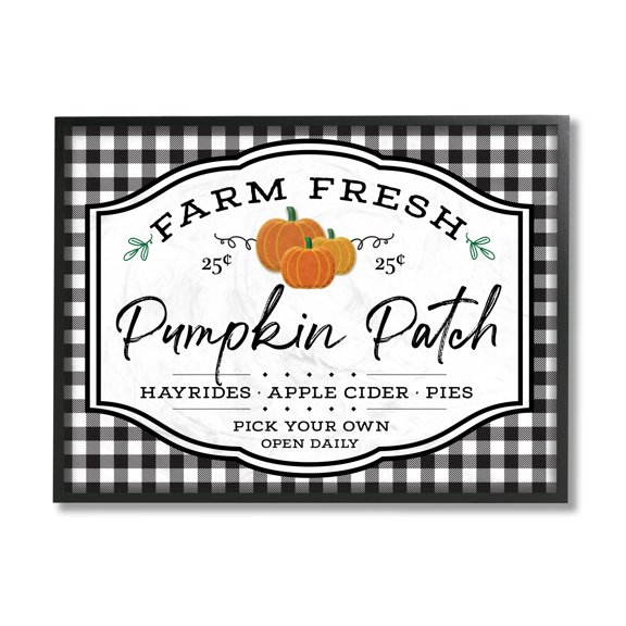 Stupell Industries Farm Fresh Pumpkin Patch Sign Black Checkered Plaid Black Framed, 24 x 30, Design by AE Design