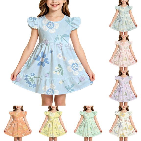 Big Girls Dress Short-sleeve Floral Printed Fun Gentle Airy for Party Comfortable Charming Cozy Modern Dress Set