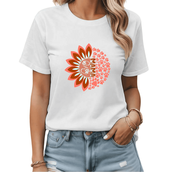 White Print Tshirt Graphic Tees Shirts Dog Mom Sunflower Paw Art S-5XL Tops