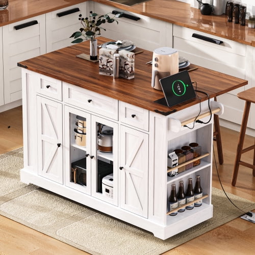 53" Farmhouse Kitchen Island with Glass Cabinet Doors, Power Outlet, Rolling Cart with Drop Leaf, Side Racks & Drawers, White