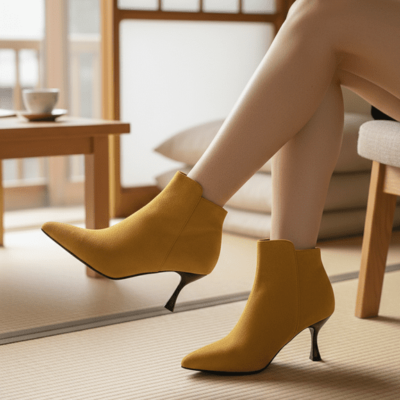 Women's Mustard Yellow Pointed Toe Kitten Heel Ankle Boots - Suede-Like Dress Booties for Fall & Winter