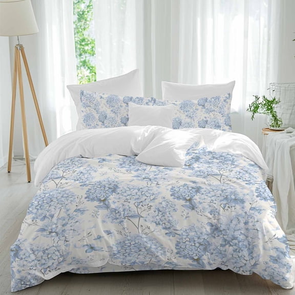 Spring Blue Flower Full Size Comforter Set, Hydrangeas Floral Leaf Plants Vintage Bedding for All Seasons, 4 Pcs Bed Set, 1Quiltcover (86"x86") ,1Sheet(80"x116"), 2Pillowcases (30"x20")