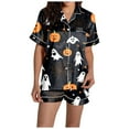 thumbnail image 5 of Womens Pajama Sets Casual Print with Silk Satin Short Sleeve Buttoned Top and Shorts Set Black Lounge Sets for Women XL, 5 of 6
