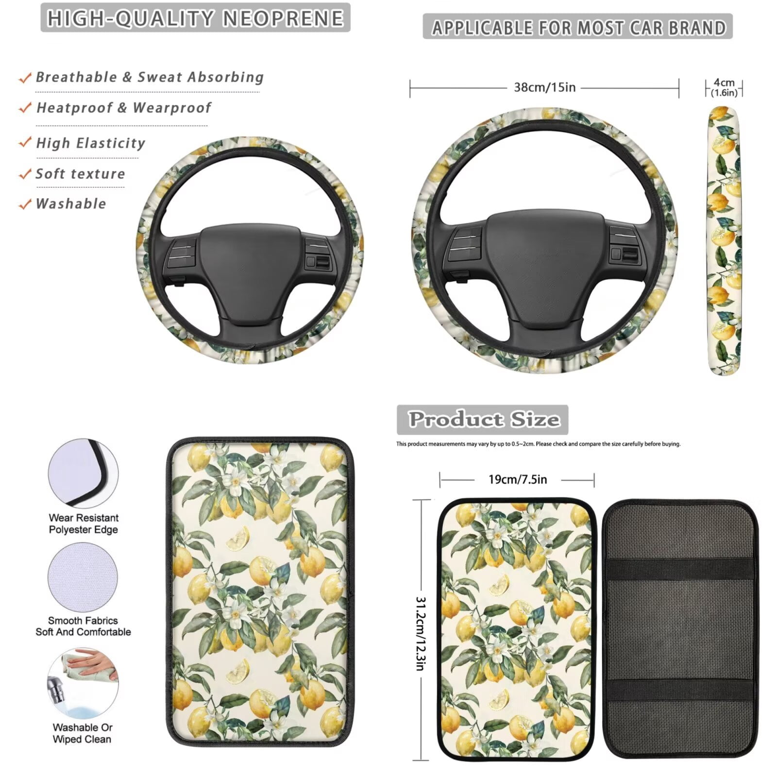 Garronmavis Lemon 13 Pcs Car Accessories Full Set Car Seat Covers Steering Wheel Cover,Armrest Cover Pad ,Key Chain,Chapstick,Car Coasters,Seat Belt Pads