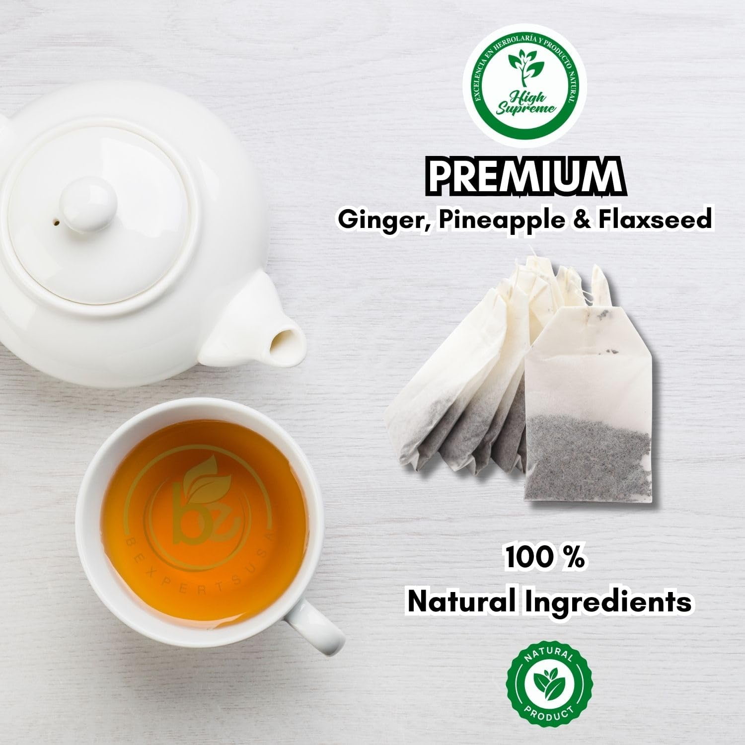 Herbal Tea by High Supreme – 2 Pack (30 Tea Bags Each) – Ginger, Pineapple, Cinnamon & Flaxseed – 100% Natural, Vegan, Caffeine-Free Infusion – Traditional Herbal Blend (Té de Jengibre, Piña, Canela