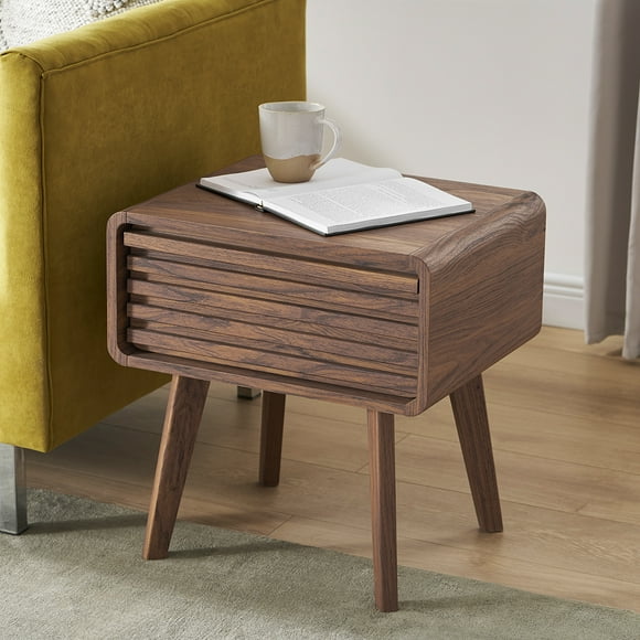 Mopio Ensley Mid Century Modern Nightstand/Side Table/End Table with Wood Slat Drawer Storage for Living Room and Bedroom, Walnut Grain
