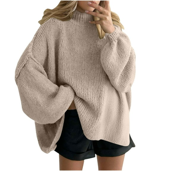 Fmbrln Womens Oversized Knitted Sweaters Long Sleeve Turtleneck Sweaters Casual Loose Solid Color Pullover Sweaters Khaki M