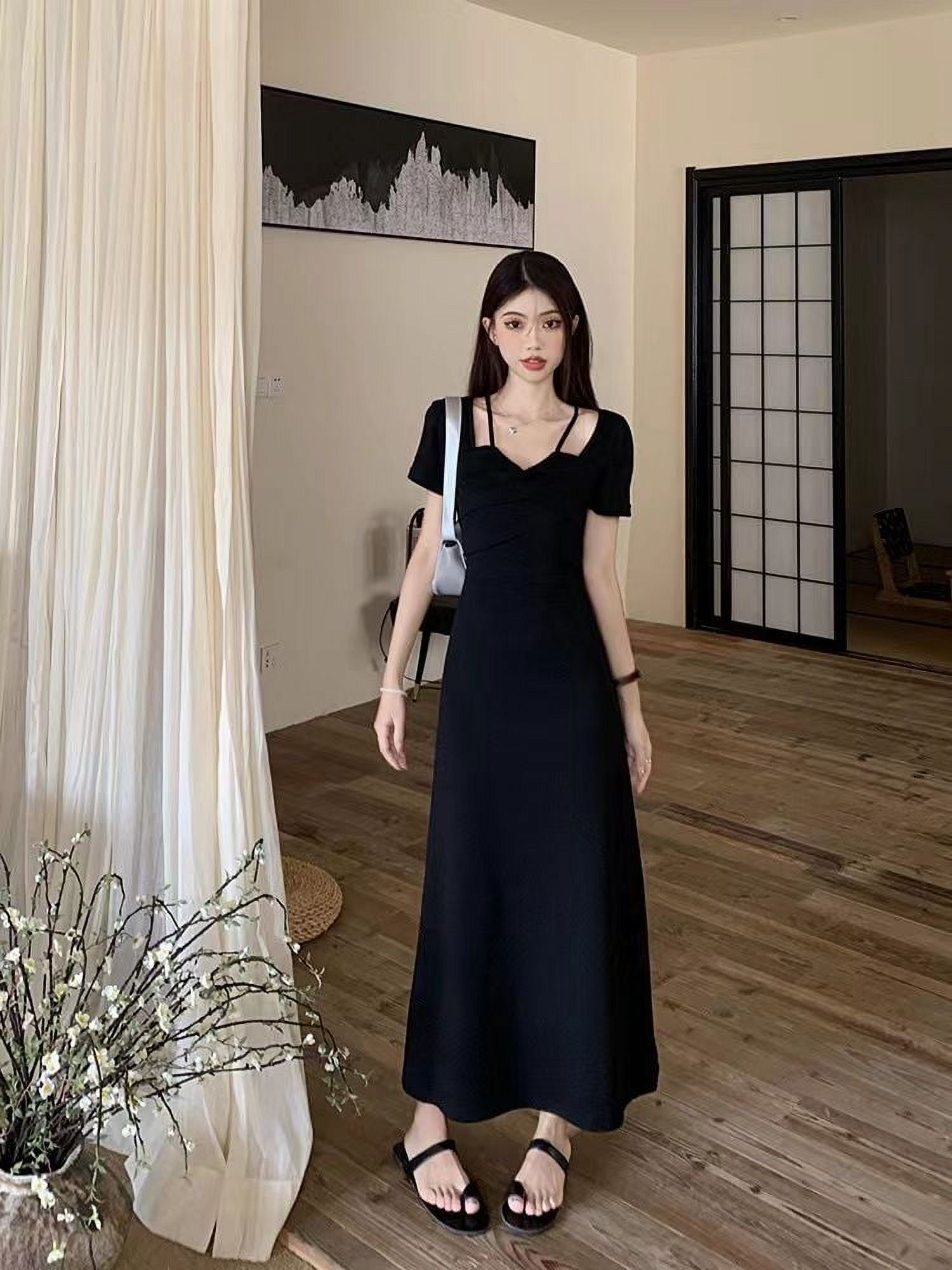 korean simple dress style Women Dress Long Style Design Summer Holiday Hot Sale Solid Vestidos Casual  A-line Simple All-match Casual Korean Fashion Chic