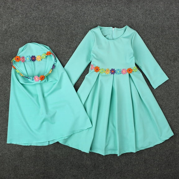 Dresses for Girls Ethnic Long Hijab Sleeve Long Abaya Embroider Skirt Kids Clothing