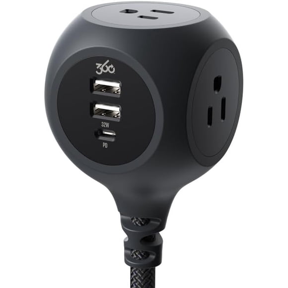 360 Electrical PowerBall32 | Braided 3-Outlet 32W Charging Hub - Obsidian Black