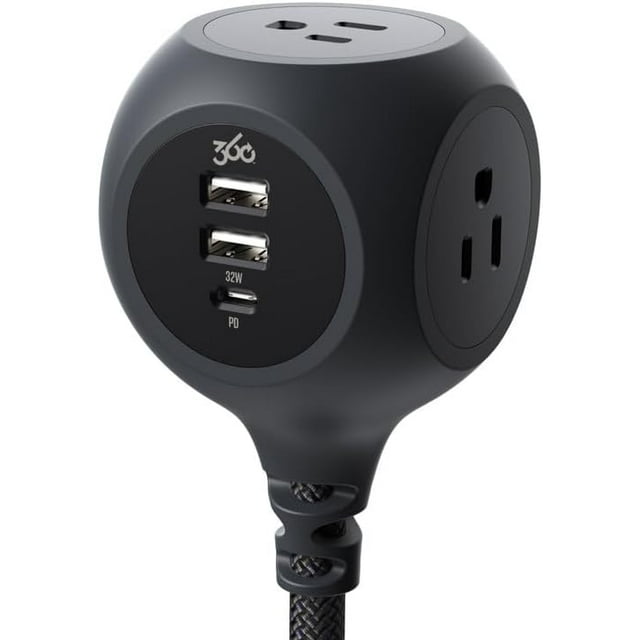 360 Electrical PowerBall32 Hub de Charge Tressé 3 Prises 32W - Noir Obsidienne