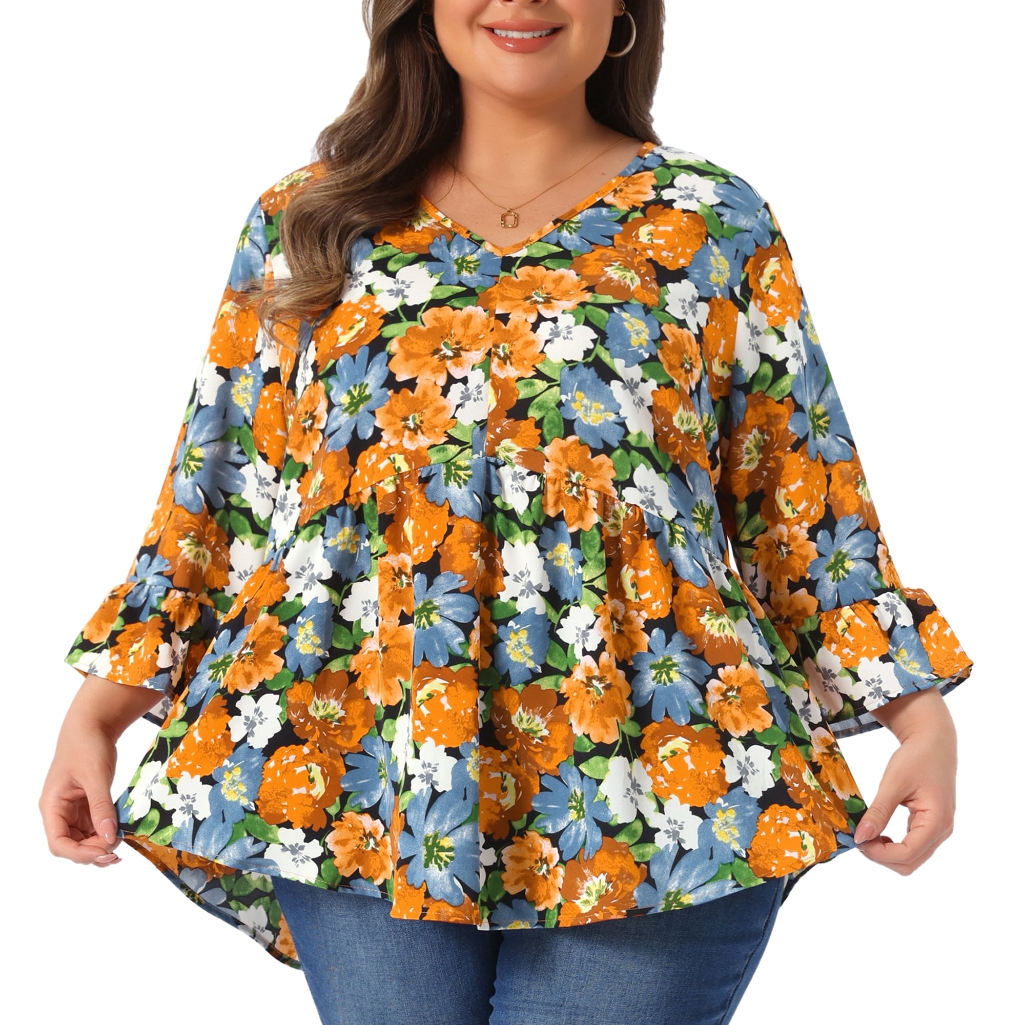 DARING DIVA Women's Plus Floral Blouses V Neck Ruffle Babydoll Peplum Tops 1X Black Orange