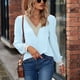 thumbnail image 4 of Jersey de encaje con costura, cuello en V, mangas largas abombadas, Top informal cómodo de gasa para mujer, 4 of 7
