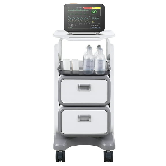KFFKFF 3-Level Laboratory Trolleys, Utility Trolley with Dual Drawers, Single Upper Tray, Portable Healthcare Trolley Constructed from ABS, Laboratory Mobile Trolley with 4 Noiseless Wheels, in White