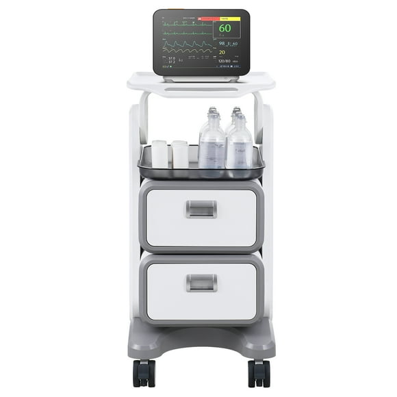 KFFKFF 3-Level Laboratory Trolleys, Utility Trolley with Dual Drawers & Single Upper Tray, Portable Healthcare Trolley Constructed from ABS, Laboratory Mobile Trolley with 4 Noiseless Wheels, in White