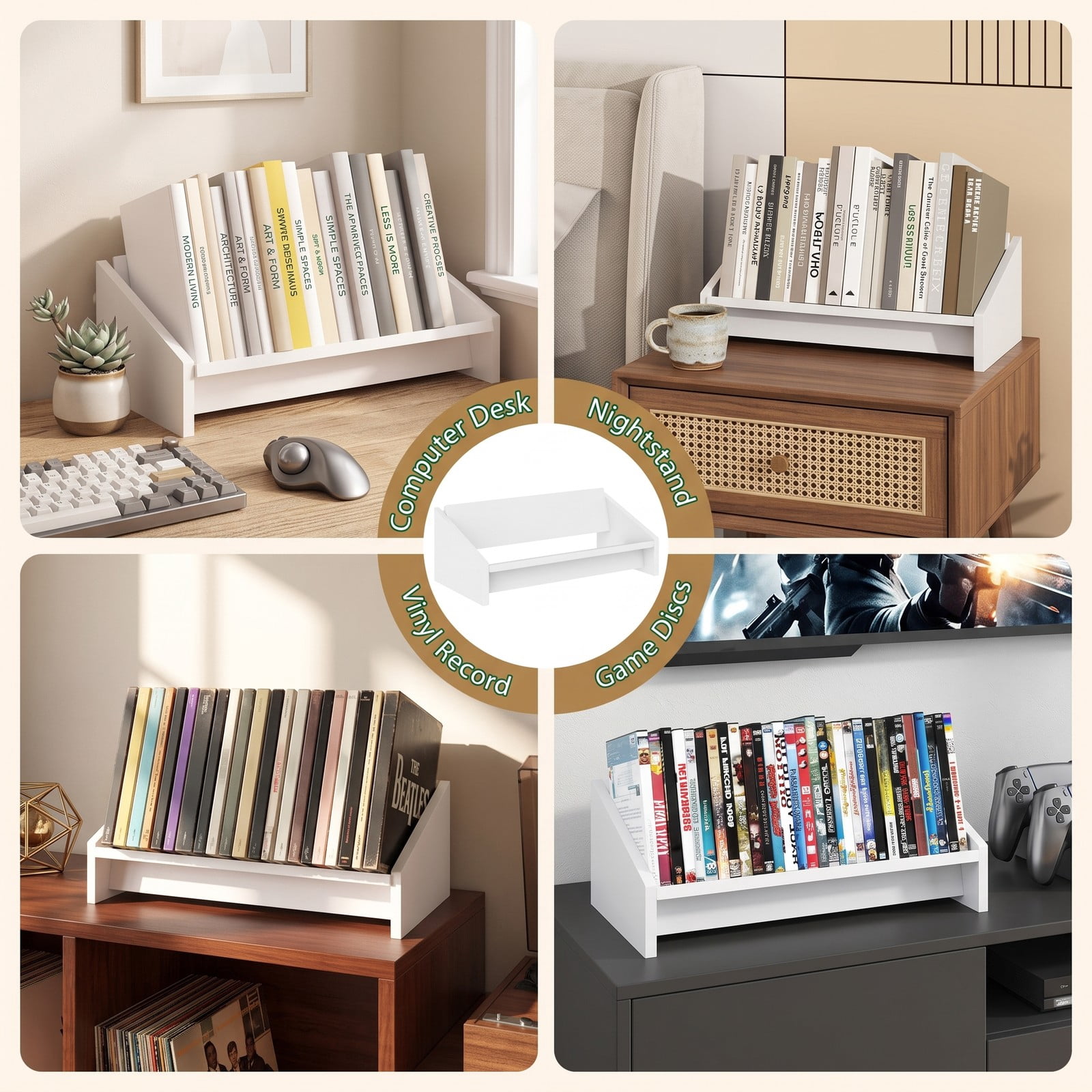 Furnibear Wooden Tilting Desktop Bookshelf, Small Tabletop Book Organizer Storage Rack for Magazines Vinyl Records Cookbooks, Space-Saving Wood Bookcase for, White