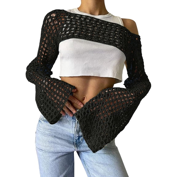 Pumxq Crop Crochet Cover Up for Women Hollow Out Bolero Shrug Long Bell Sleeve Knit Cropped Tops Sheer Shrug Sweater Black L