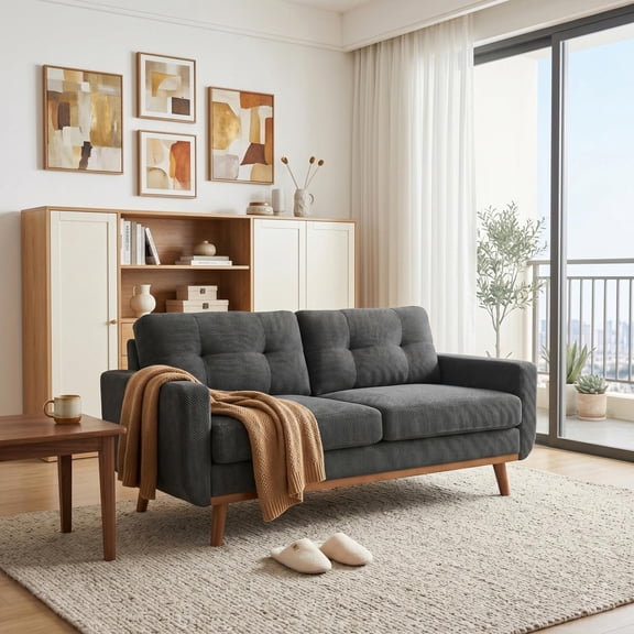 Modern Two-Seater Sofa 65-Inch with Nubby Upholstery, Comfy Loveseat and Apartment Couch with Solid Wood Legs for Living Room, Dark Gray