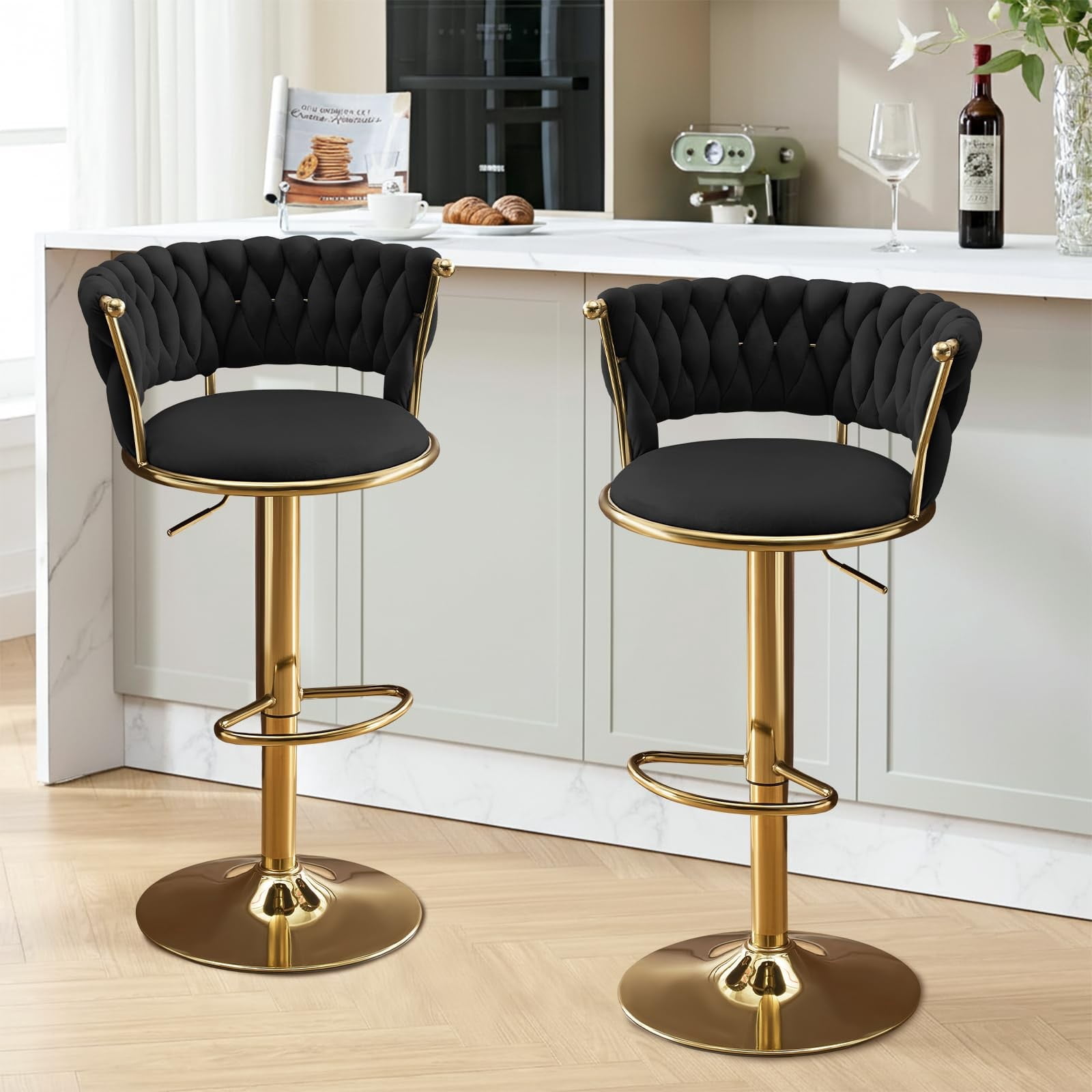 Set of 2 360° Swivel Velvet Bar Stools, Adjustable Counter Height Bar Chairs with Gold Metal Base & Low Back, Modern Kitchen Island Barstools for Dining Room & Pub, Black