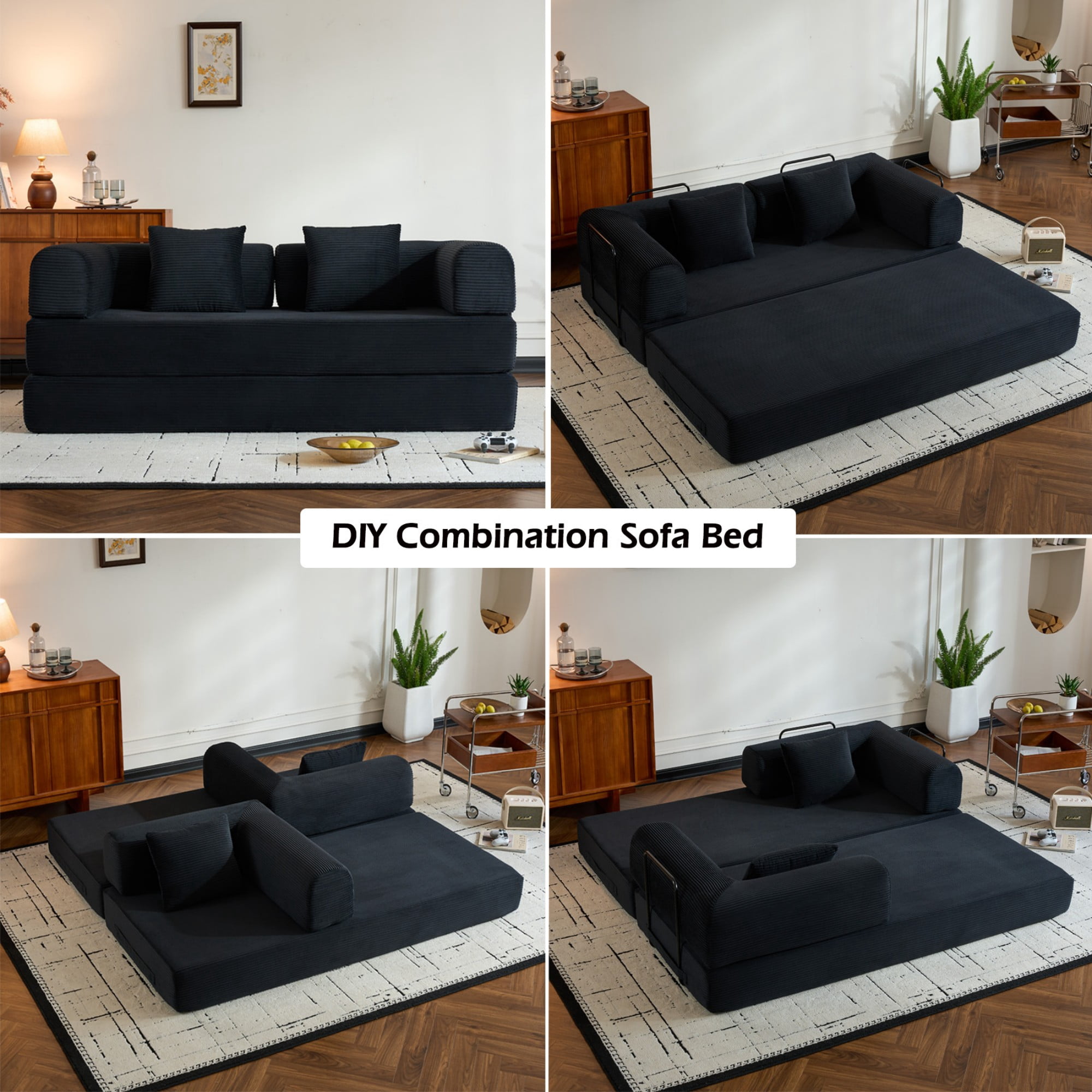 BSHTI 77" Corduroy Convertible Sleeper Sofa Bed with Cylindrical Pillow, No Assembly, Small Space for Living Room（Black）