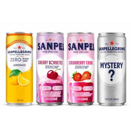 San Pellegrino Zero Sugar Sparkling Beverage Variety Pack, Lemonade, Cherry Sorbetto, Strawberry Crema & Mystery Flavor, 11.15 fl oz Cans, 4 Pack