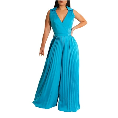 Women Elegant Jumpsuit Ladies Ribbed Wide Leg Playsuits Sleeveless High Elastic Waist V Neck One Piece Romper All In One Loose Overall Pants Bodysuit Outfit for Casual Work Formal