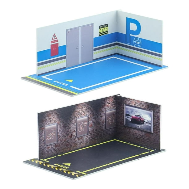 2 modelos de coches a escala 1/24, estacionamiento de coches de juguete, escena de fundición a presión, fondo DIY, colección piso azul