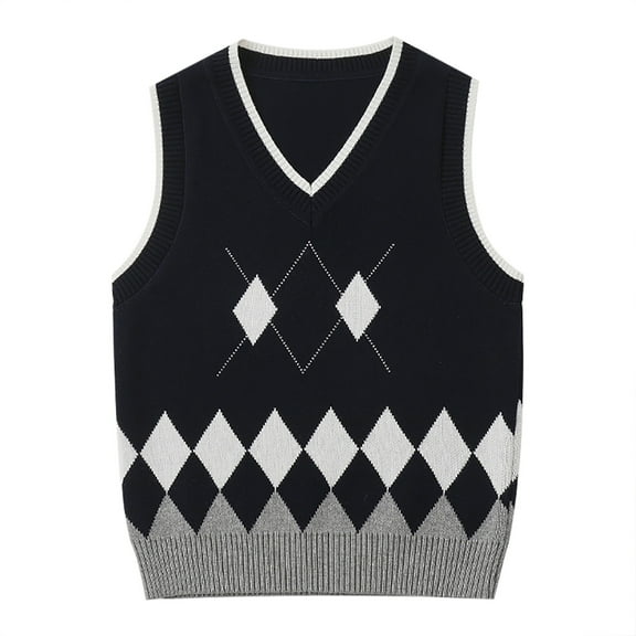 Little Boys Lattic Prints Warm Knitted Sweater Sleeveless Tops Knitwear Cardigan Vest Clothing Navy Size 7-8T