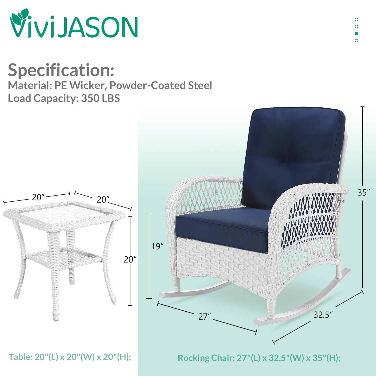 VIVIJASON 3-Piece Outdoor Conversation Bistro Set, Patio Wicker Rocking Chairs Rattan Furniture Sets w/ 2 Rattan Chairs, Cushions, Glass Top Side Table for Garden Porch Backyard (White/Navy Blue)