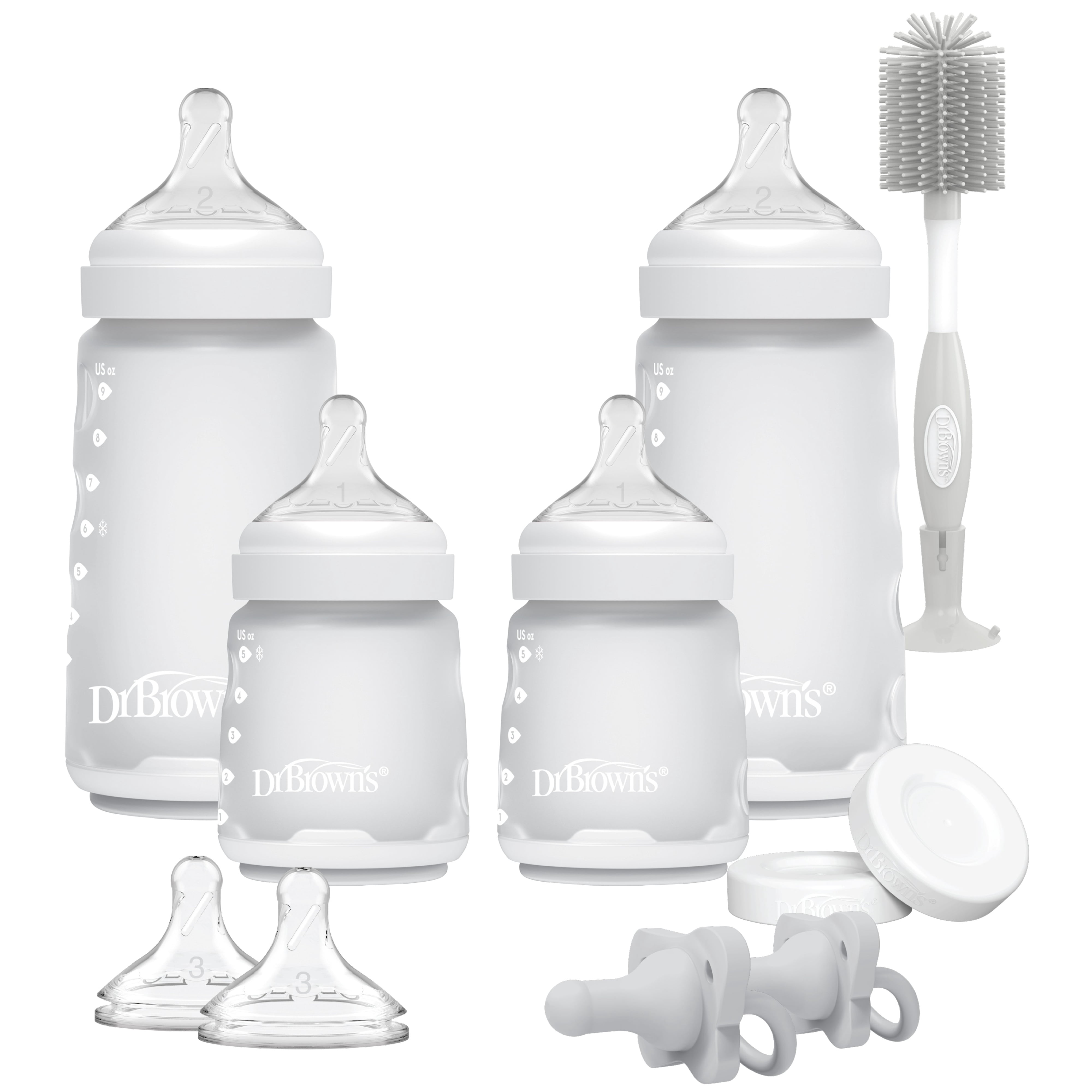 Dr. Brown's Silicone Baby Bottle Gift Set with HappyPaci One-Piece Pacifiers, Soft Touch Bottle Brush, and Travel Caps, BPA-Free, 0m+