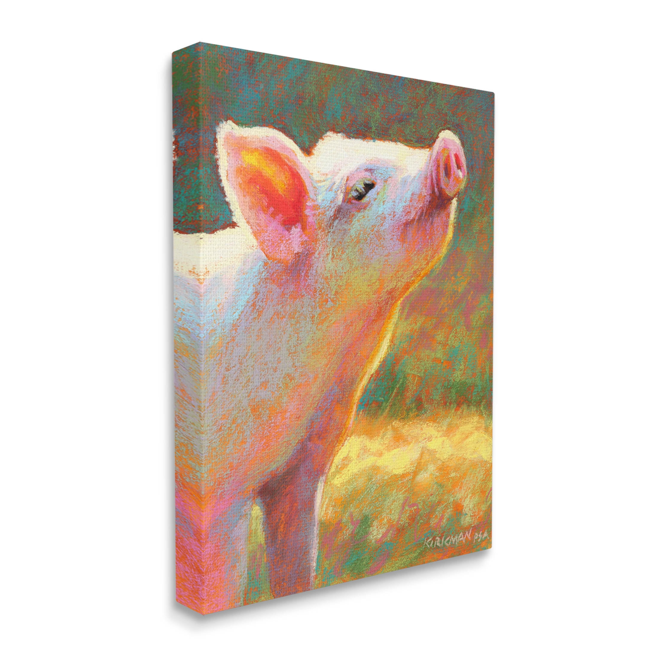 Happy Pink Pig Sunny Farm Animals & Insects Painting Gallery Wrapped Canvas Print Wall Art