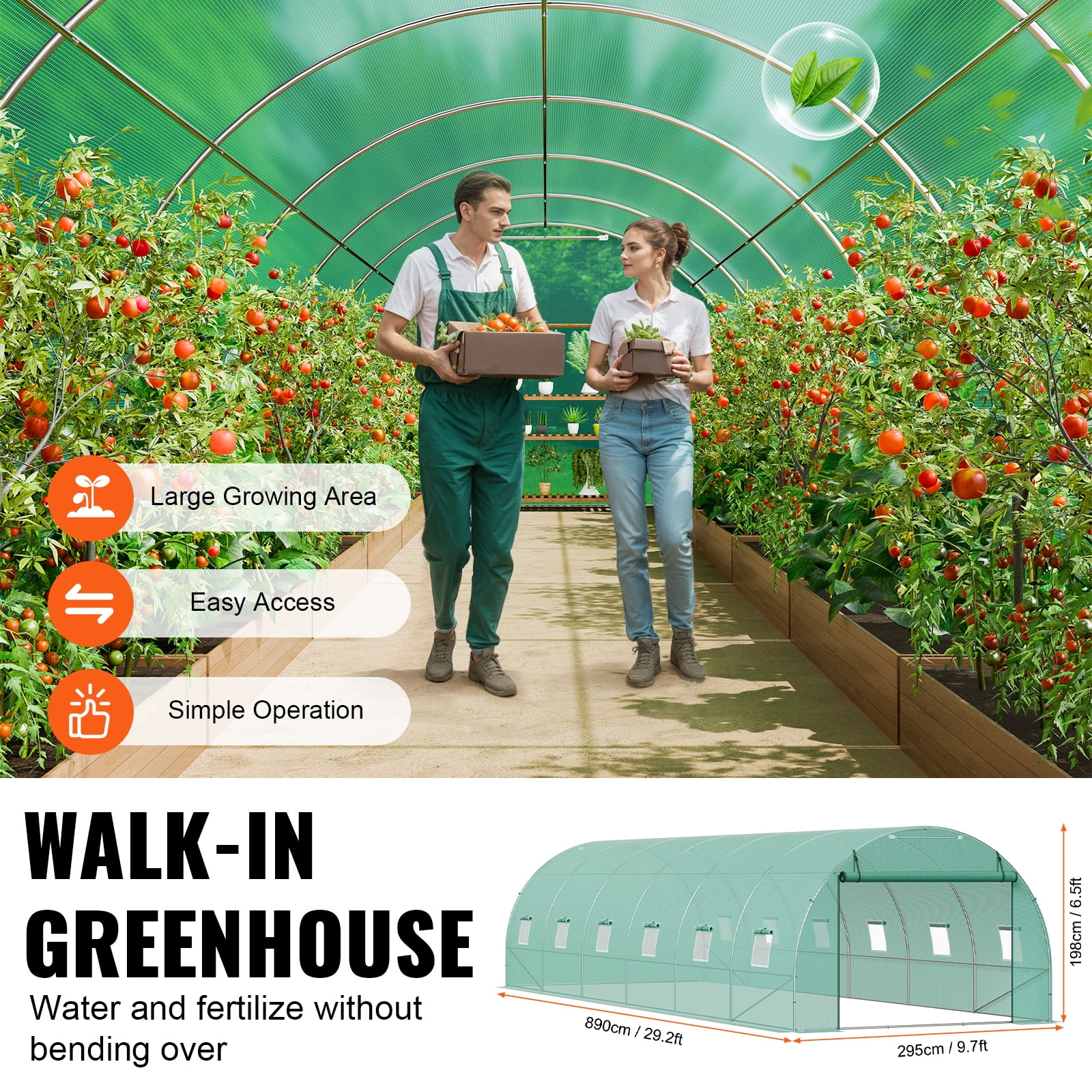 KFFKFF Tunnel Greenhouse, 29.2x9.7x6.5 ft, with Sturdy Galvanized Steel Frame and Green PE Cover, Features Roll-up Zipper Door and 12 Windows, Ideal for Extended Plant Growing Seasons