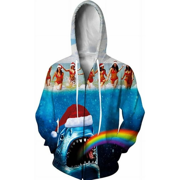 Funny Christmas Hoodie 3D Graphic Jacket Santa SMALL Zipper Sweater XMAS
