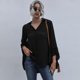 thumbnail image 4 of Blusa de mujer con volantes, manga de campana, cuello en V, camisa frontal abotonada, blusas sueltas Abanopi Negro/Extragrande, 4 of 7