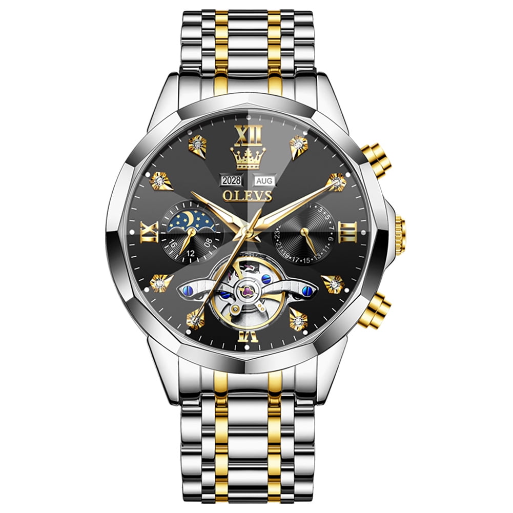 OLEVS Automatic Watches for Men Luxury Dress Waterproof Self Winding Mechanical Moon Phase Chronograph Stainless Steel Luminous Diamond Date Skeleton Tourbillon Wristwatch for Men Reloj Para Hombre