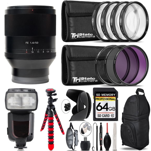Sony Planar T* FE 50mm f/1.4 ZA Lens    7 Piece Filter  & More - 64GB Kit (International Version)
